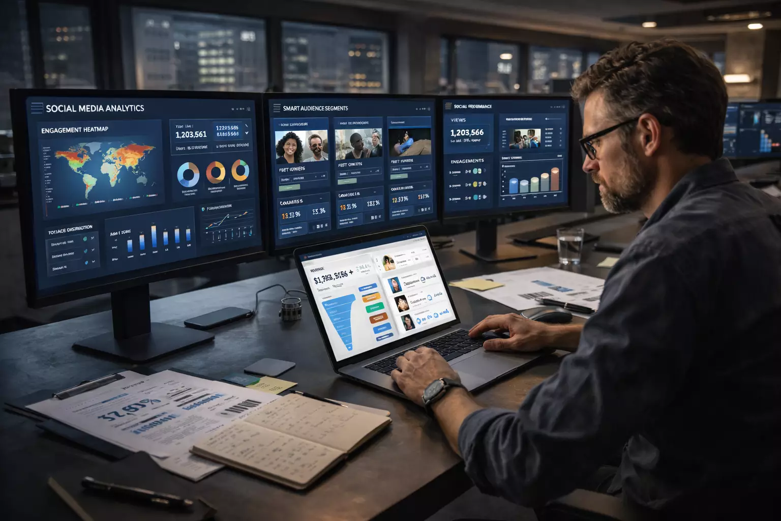 Social media marketing team using AI tools for content strategy